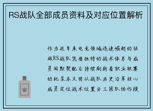 RS战队全部成员资料及对应位置解析