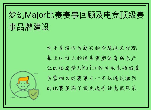 梦幻Major比赛赛事回顾及电竞顶级赛事品牌建设