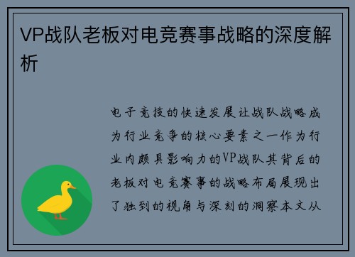 VP战队老板对电竞赛事战略的深度解析