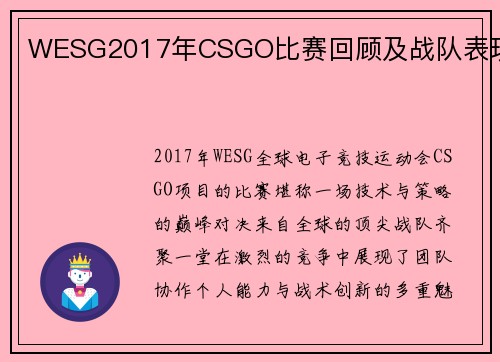 WESG2017年CSGO比赛回顾及战队表现